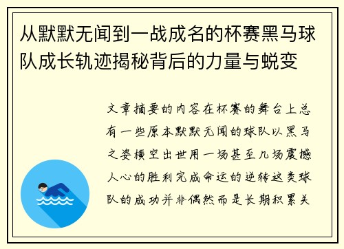 从默默无闻到一战成名的杯赛黑马球队成长轨迹揭秘背后的力量与蜕变